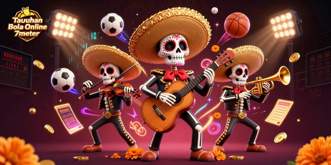 Experience Taruhan Bola Online 7meter excitement with a vibrant 3D illustration of a mariachi band and dynamic sports elements.