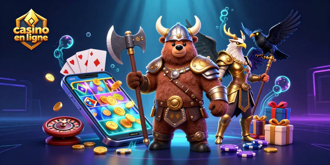 Profitez du casino en ligne avec cette illustration dynamique mettant en avant un ours viking et une aigle valkyrie.