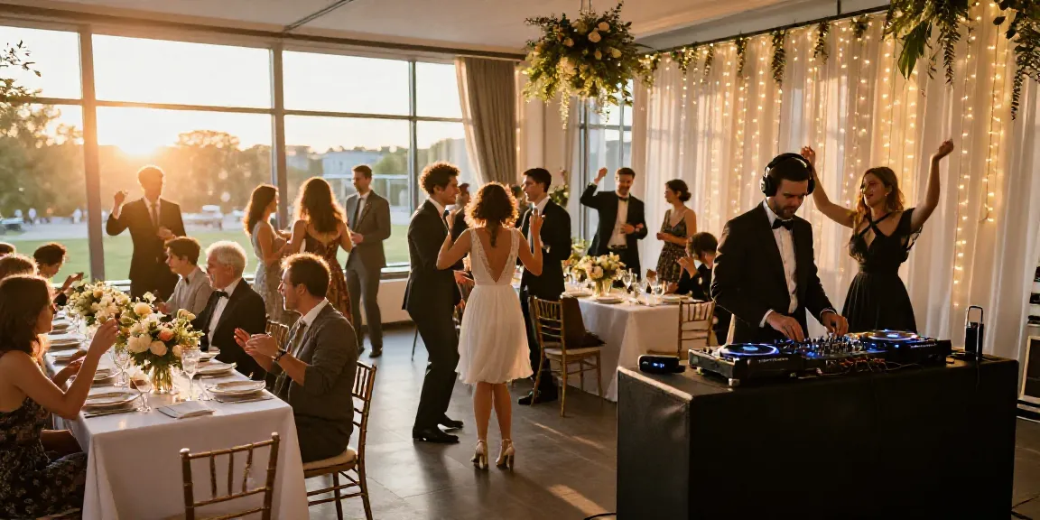 Exciting hochzeit DJ berlin brandenburg event with guests dancing joyfully under soft lighting.