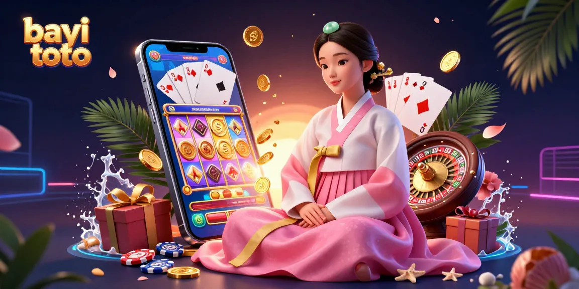 Bayi toto showcases a vibrant Asian woman beside a 3D smartphone with spinning slot reels and golden coins erupting, representing engaging online gambling.