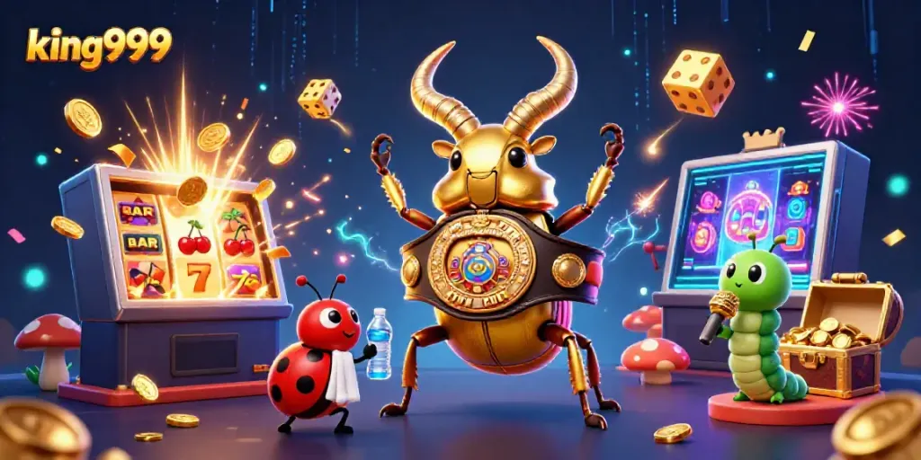 King999 menghadirkan ilustrasi kasino slot dinamis dengan karakter ceria dalam pertandingan.