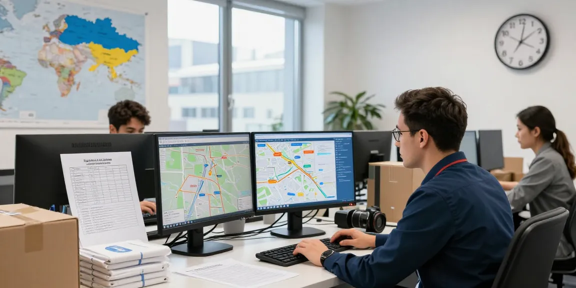 Hilfsgütertransport Dortmund: Logistikexperte analysiert Transportwege für humanitäre Transporte in modernem Büroumfeld.