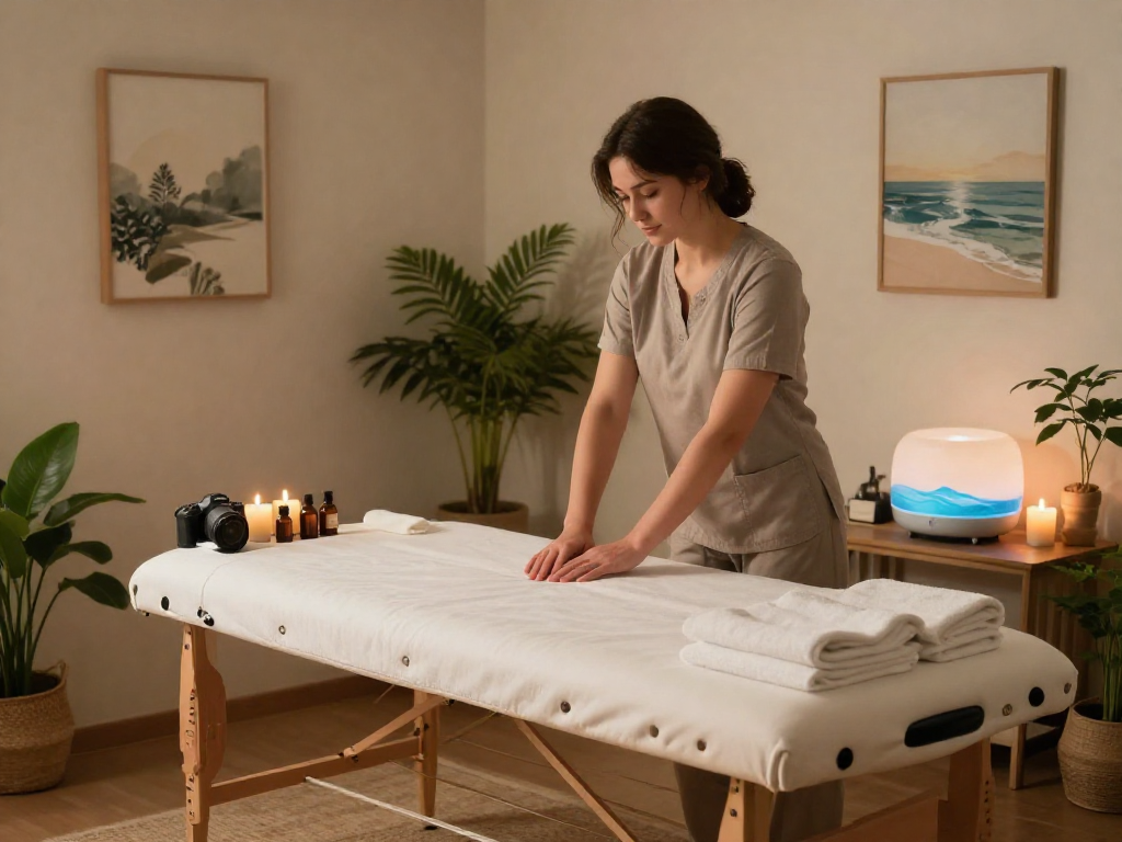 출장안마 service setup with therapist preparing a tranquil home massage environment.