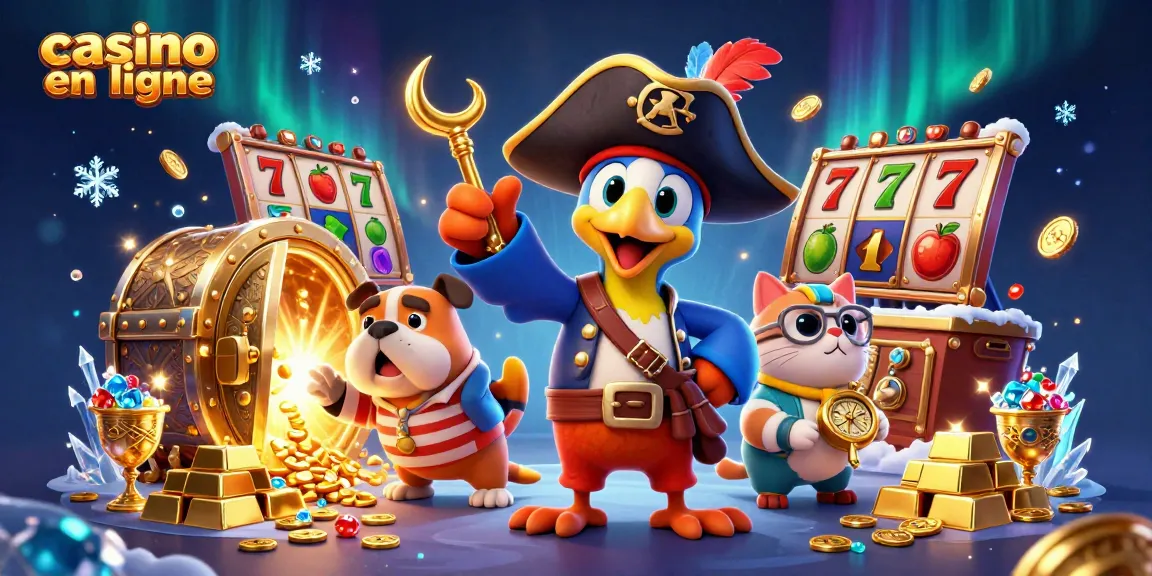 Vivez l'excitation du casino en ligne avec une scène vibrante incluant un capitaine pirate et des machines à sous.