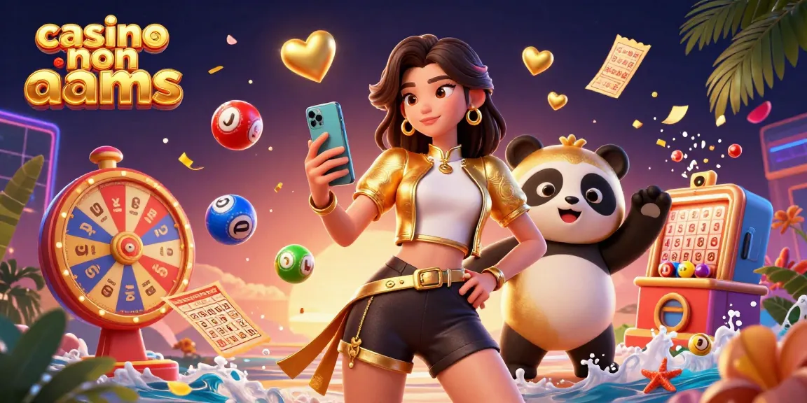 Vivi l'emozione del casino non AAMS con una donna asiatica e un panda dorato tra elementi di gioco vibranti.