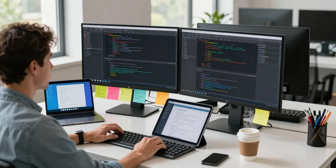 Developer using Telegram app features on dual monitors in a modern workspace, showcasing 纸飞机中文版 capabilities.