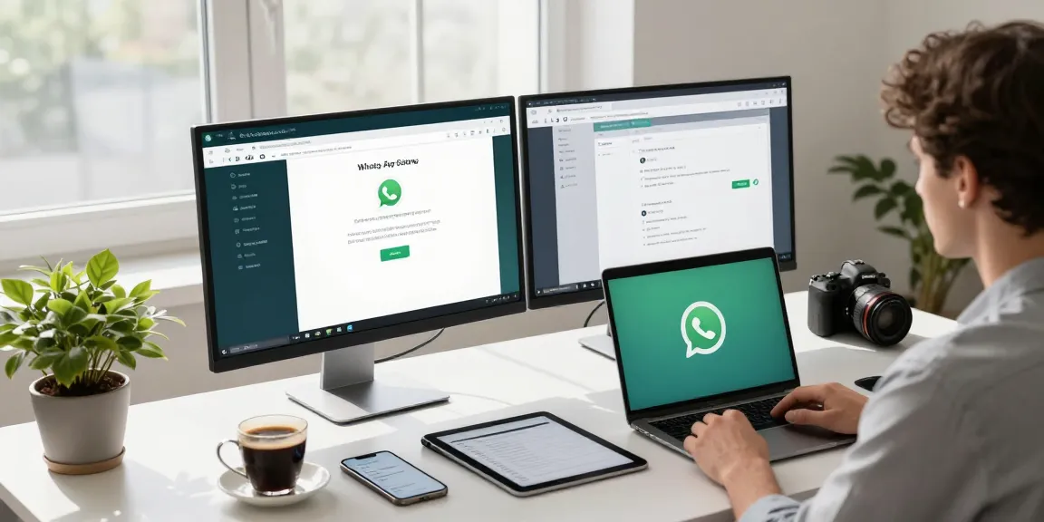 Accessing WhatsApp網頁版 on dual-monitor setup in a bright tech workspace