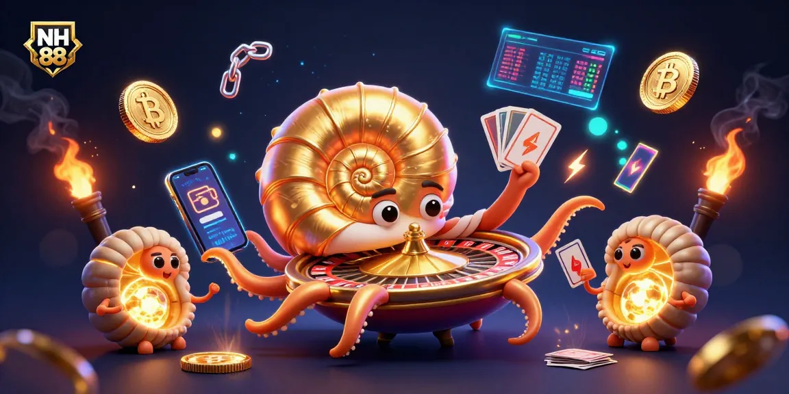 Experience the vibrant casino world of NH 88 with 3D illustrations of gambling excitement and crypto elements.