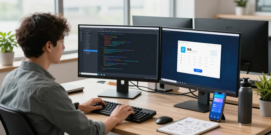 快连 application interface on dual monitors in a modern tech workspace.