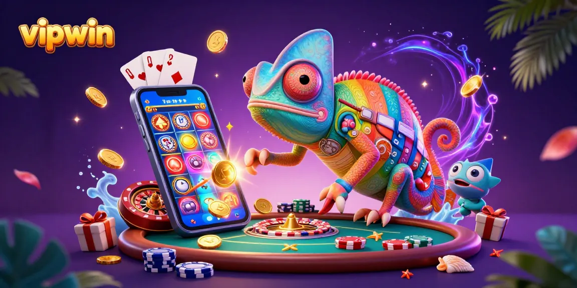 Spin the reels with vipwin's vibrant chameleon casino owner surrounded by coins and games.