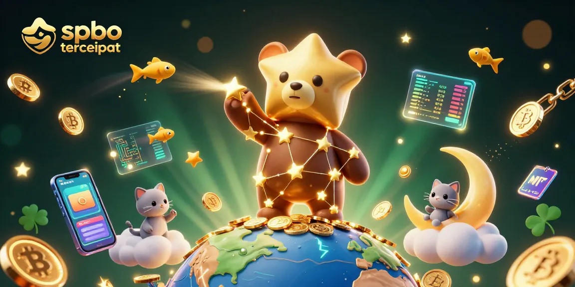 Engage with spbo tercepat, featuring an enchanting 3D scene of a constellation bear collecting coins amidst crypto elements.