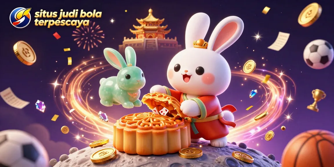 Situs judi bola terpercaya highlights dynamic sports betting scene with cartoon moon rabbit and poker chips.