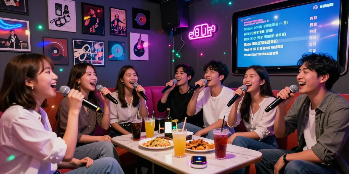 Group of friends enjoying 강남가라오케 singing together in a vibrant lounge.