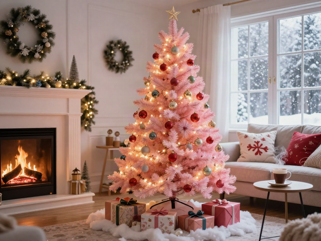 Small pink Christmas tree decorated with ornaments, glowing in a cozy living room.