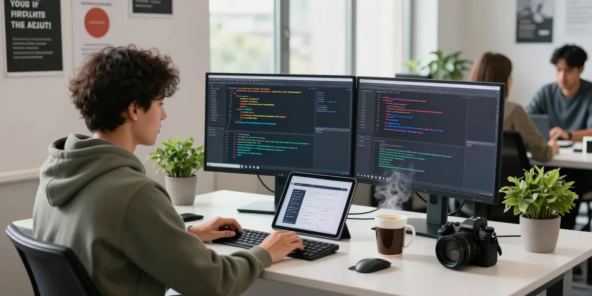 Workspace of a developer at telegramin-cn.com with coding screens and modern office setup.