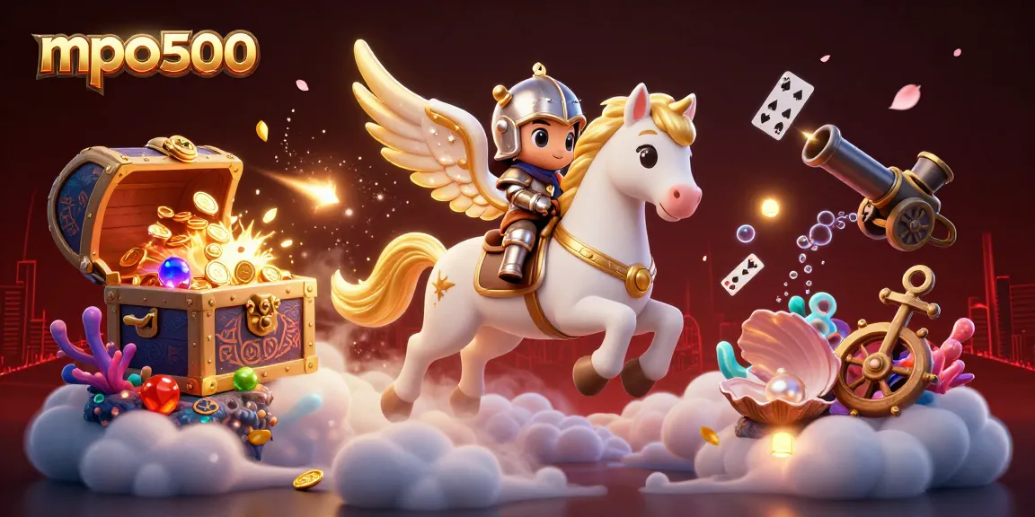 Experience exciting gameplay at mpo500 with a celestial knight amidst treasures and gaming symbols.
