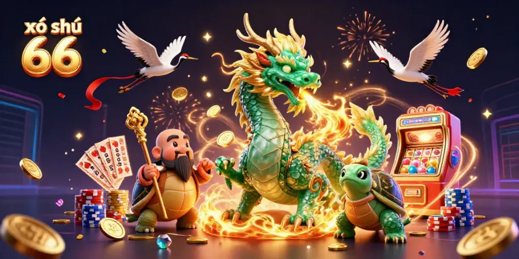 Engage with xổ số 66 in a vibrant 3D illustration featuring a jade dragon and lucky symbols.