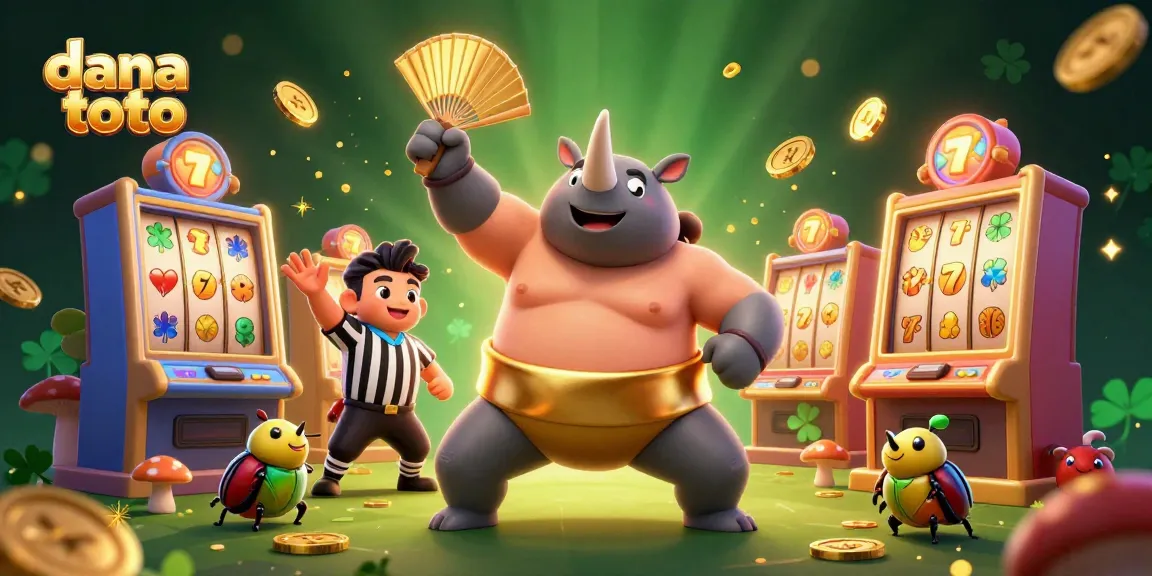 Experience the excitement of dana toto with a lively 3D casino scene featuring sumo beetles and slot machines.