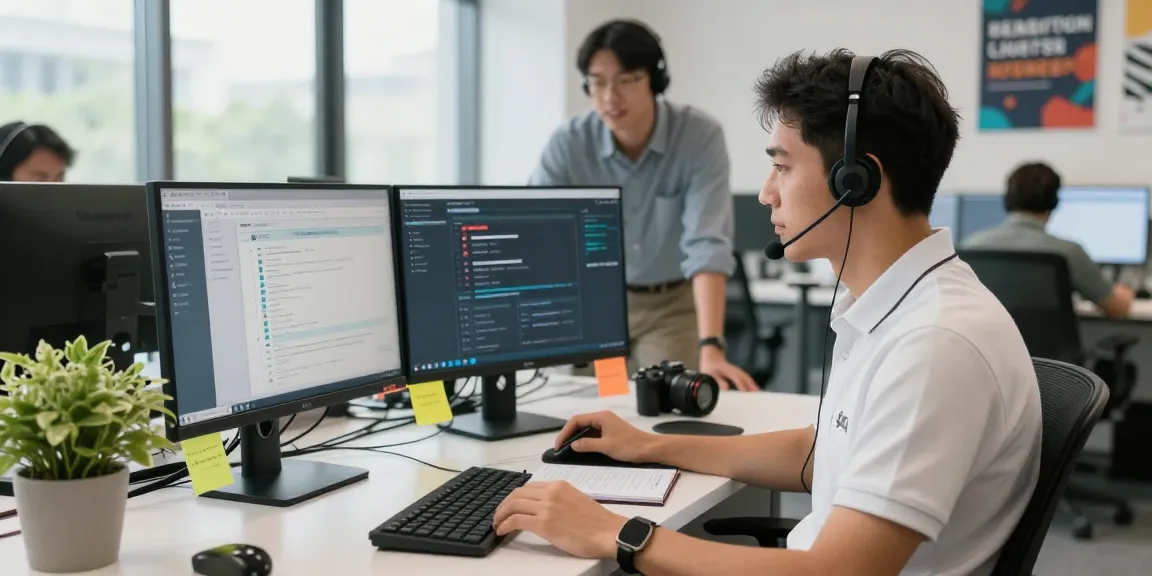 Customer service representative providing Telus-Technical-Support in a modern office setting