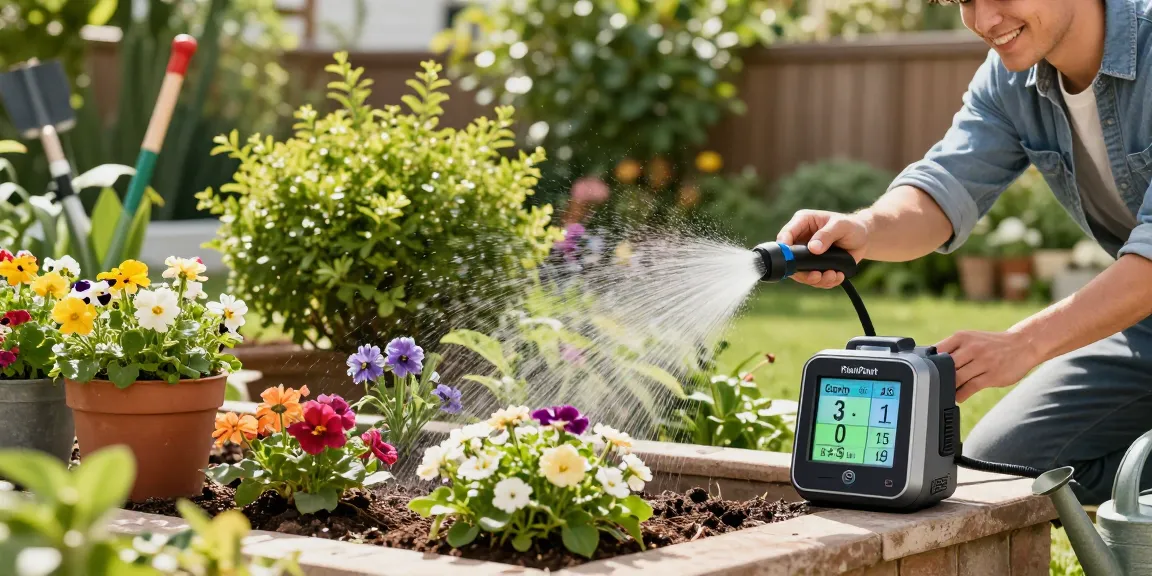 Gardener using RainPoint automatic watering system in a vibrant garden.
