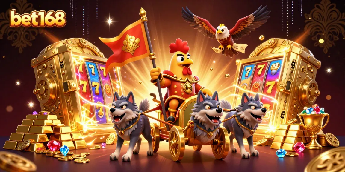 Experience thrilling wins at bet168 with the vibrant rooster warlord leading a gold-filled adventure.