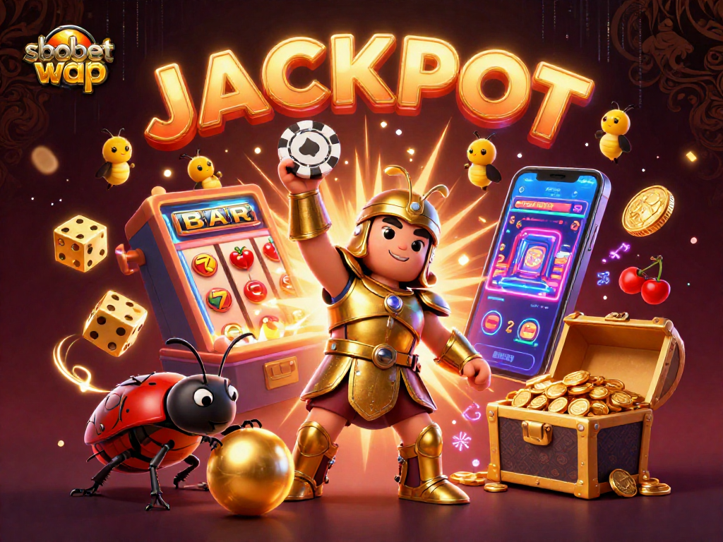 Engage with sbobet wap in a vibrant 3D casino scene showcasing a victory theme with cartoon beetles.