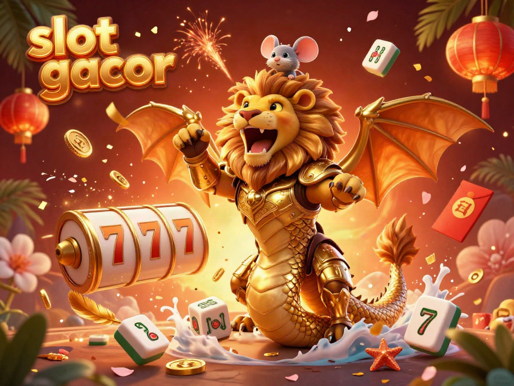 Engage in slot gacor excitement with a triumphant chimera and lucky symbols in a vibrant casino scene.