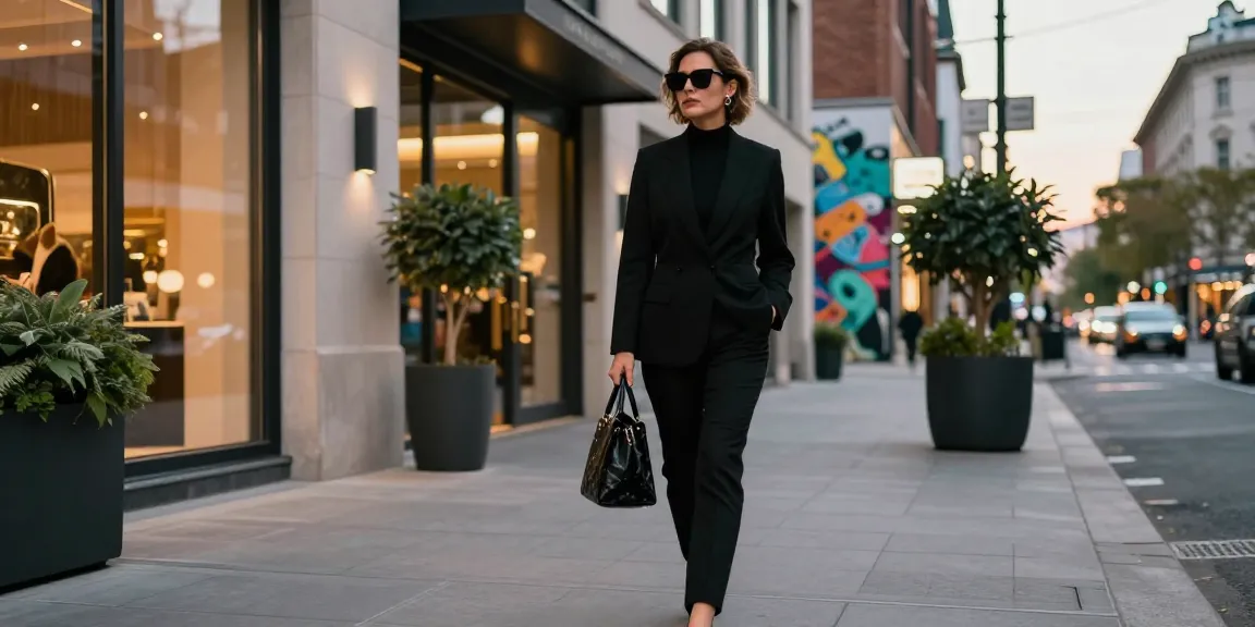 Stylish individual embodying elegance in a black outfit on city street, representing rokok88's luxury theme.