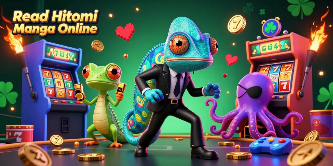 Read Hitomi Manga Online with engaging slot reels and lucky symbols in a vibrant casino scene.