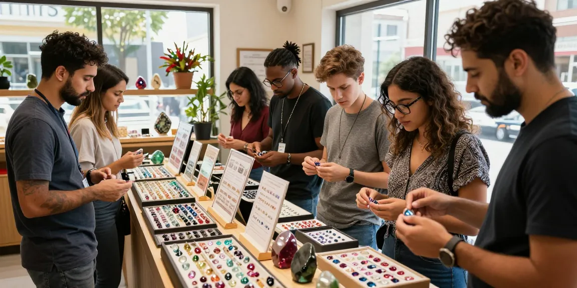 Gem enthusiasts exploring high-quality gemstones at https://www.mygemspot.com, showcasing vibrant retail atmosphere filled with sparkling stones.