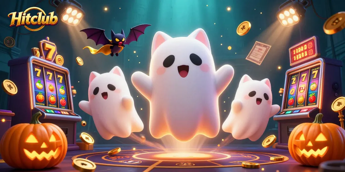 Engage with Hitclub's exhilarating gaming experience featuring a ghost cat, dynamic slots, and vibrant colorful elements.