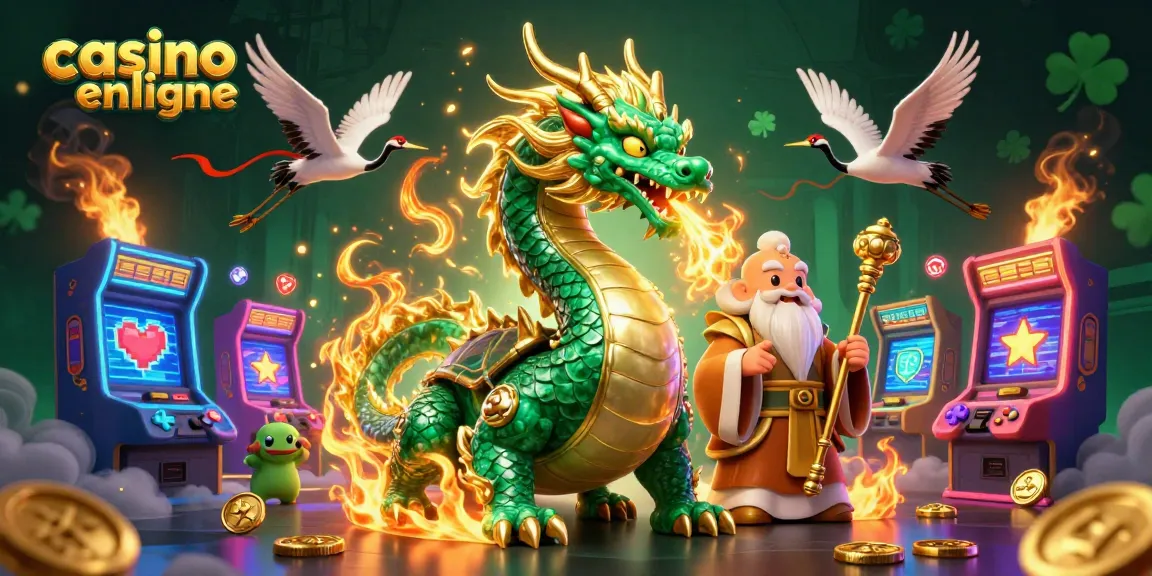 Vivez l'excitation du casino en ligne avec un dragon, un sage et des grues porte-bonheur dans cette scène 3D vibrante.