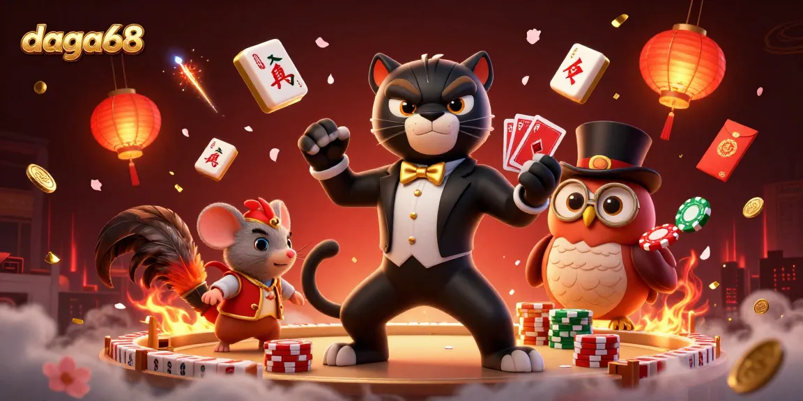 Daga68 features a 3D black panther impeccably dealing cards amidst casino elements, promoting visual gaming excitement.