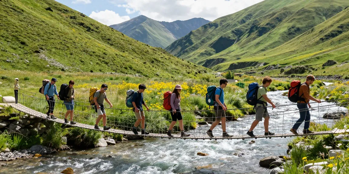 Group of friends crossing a river rope bridge surrounded by nature, showcasing an adventurous spirit.