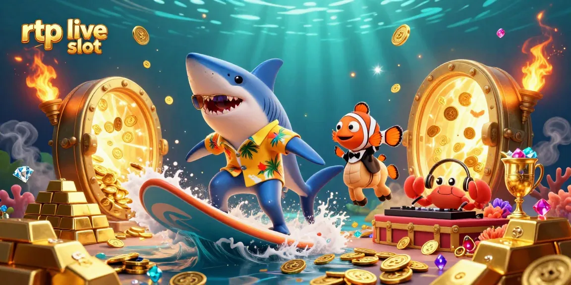Experience the thrilling rtp live slot adventure with a shark surfing on gold coins!