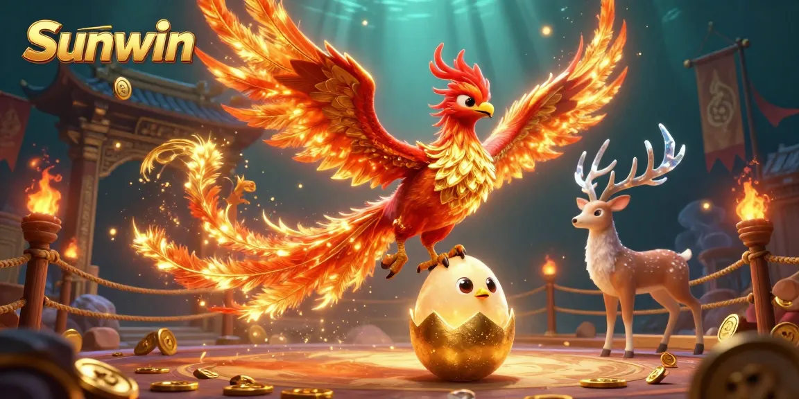 Experience exhilarating gameplay with Sunwin in a vibrant, dynamic 3D casino illustration featuring phoenixes and gaming elements.
