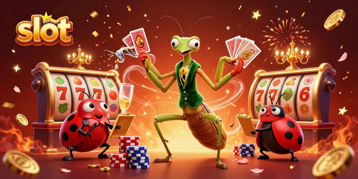 Engage with vibrant slot-themed illustrations featuring a card sharp and pit boss amidst celebratory elements.