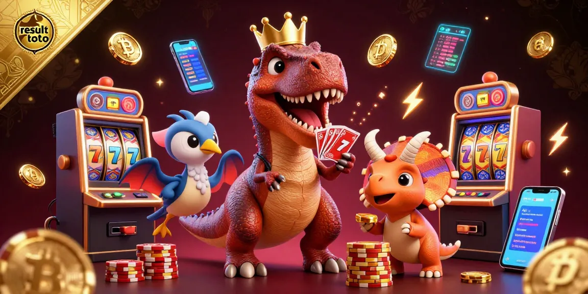 Spin and win with result toto showcasing a fun T-Rex and friends in a colorful casino scene.