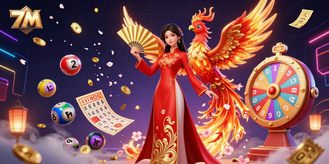 Experience the thrill of 7M with a vibrant 3D casino illustration featuring a graceful ao dai woman and a dynamic phoenix amidst lively game elements.