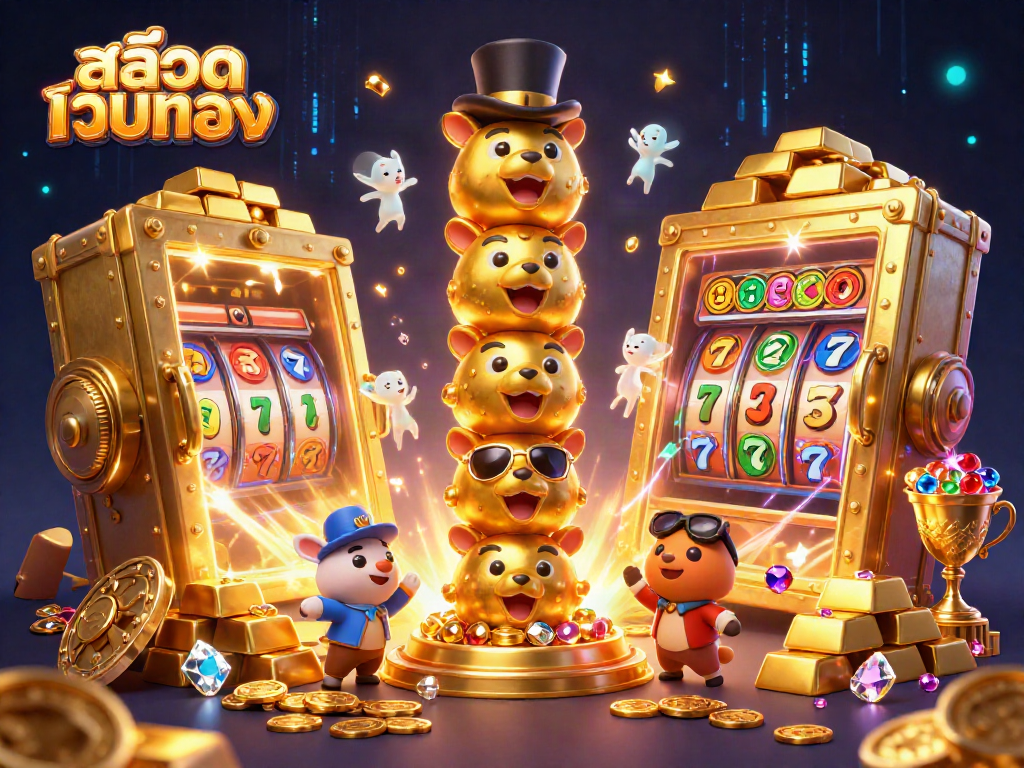 Engage with สล็อตเว็บตรง in a vibrant 3D casino illustration featuring dynamic slot elements and golden treasures.