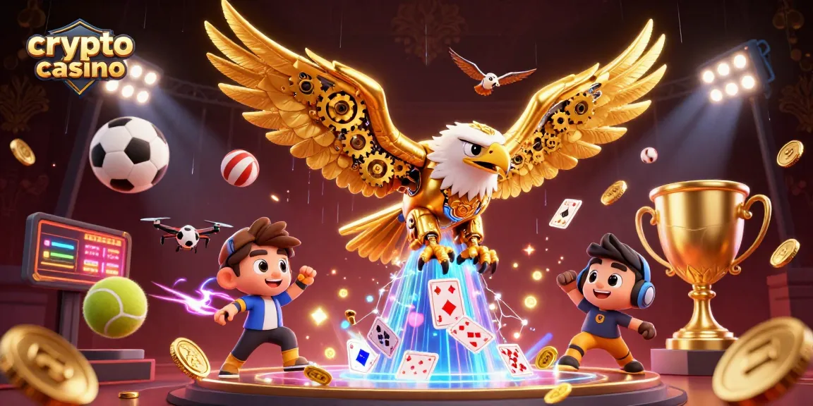 Jouez au crypto casino avec une illustration d'un aigle doré plongeant dans des cartes holographiques.