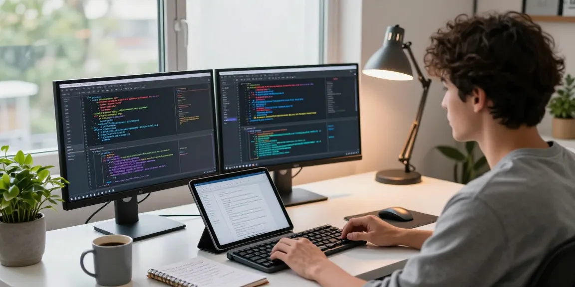 Developer coding at a modern desk setup, showcasing 纸飞机中文版 app design in a productive environment
