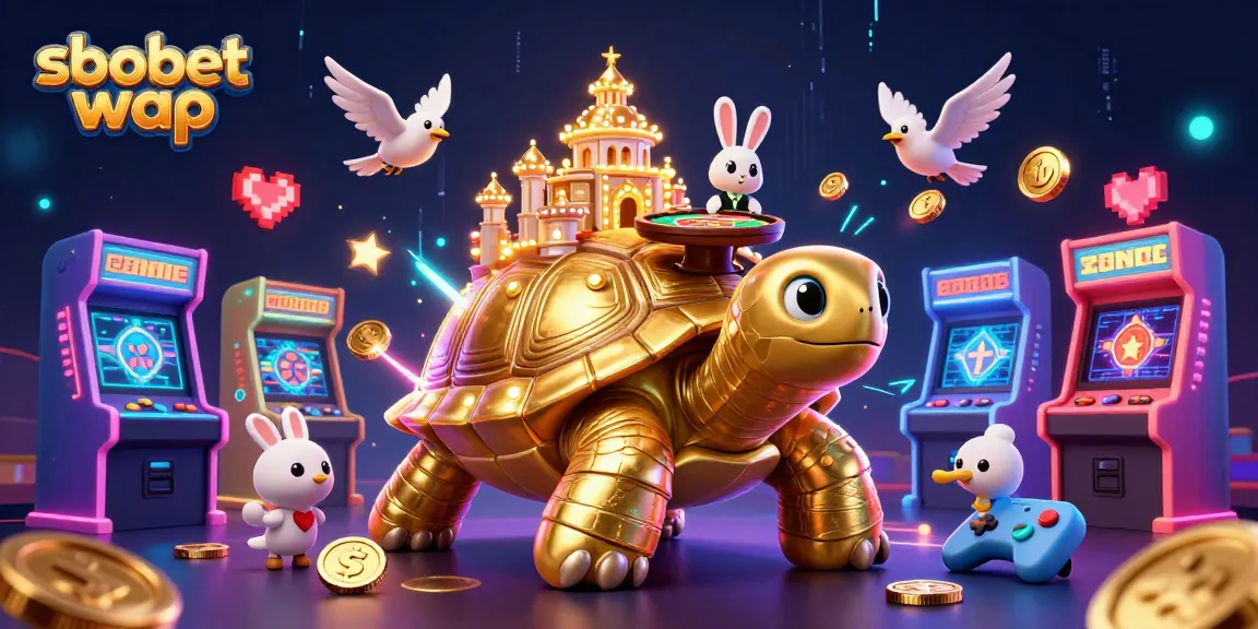Engage with sbobet wap on a vibrant casino scene with a turtle palace, rabbit dealer, and coins.