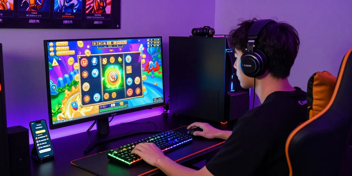 Kecak4D player enjoying an immersive 4D slot game with vibrant graphics and gaming accessories in a dynamic atmosphere.