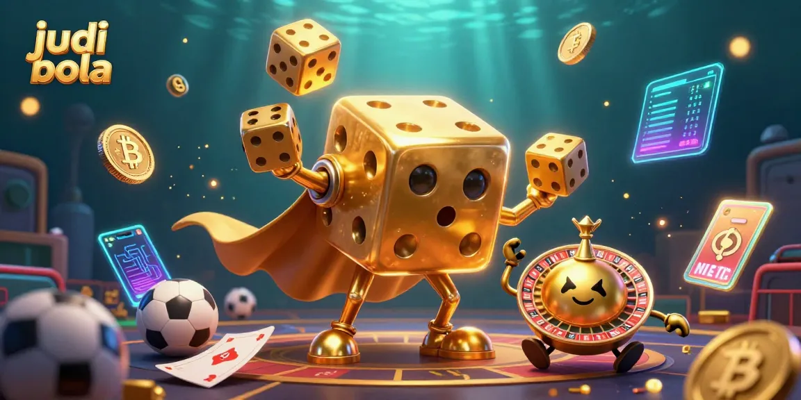 Experience judi bola action with a golden dice golem juggling while Bitcoin and sports elements surround.