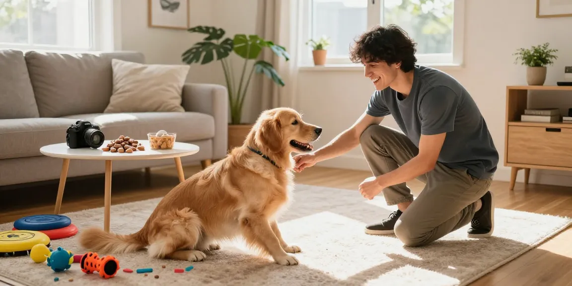 Golden retriever training with NAGA2000 treats in a cozy living room.