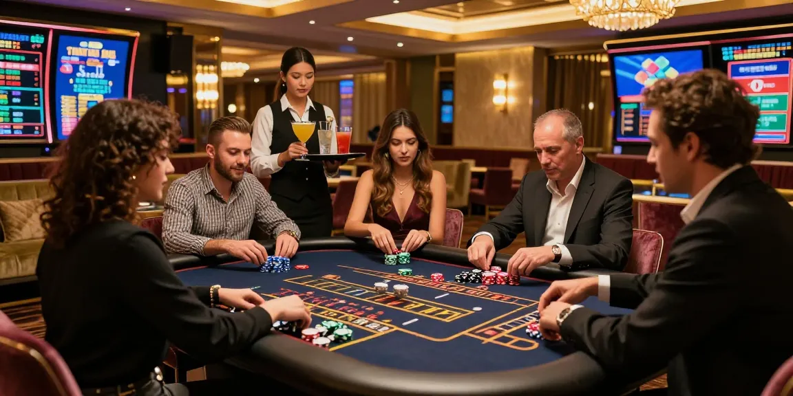 Lemacau Login experience at a vibrant casino scene, players enjoying roulette, stylish ambiance.