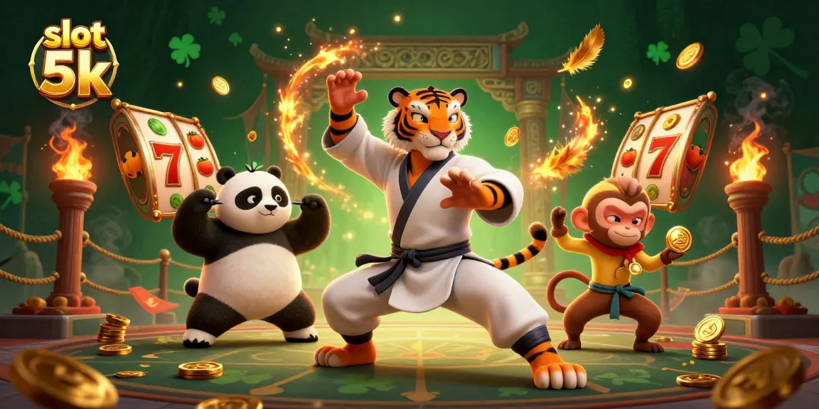 Watch the thrilling action of slot deposit 5k as a kung fu tiger, panda disciple, and mischievous monkey engage in a colorful casino scene.