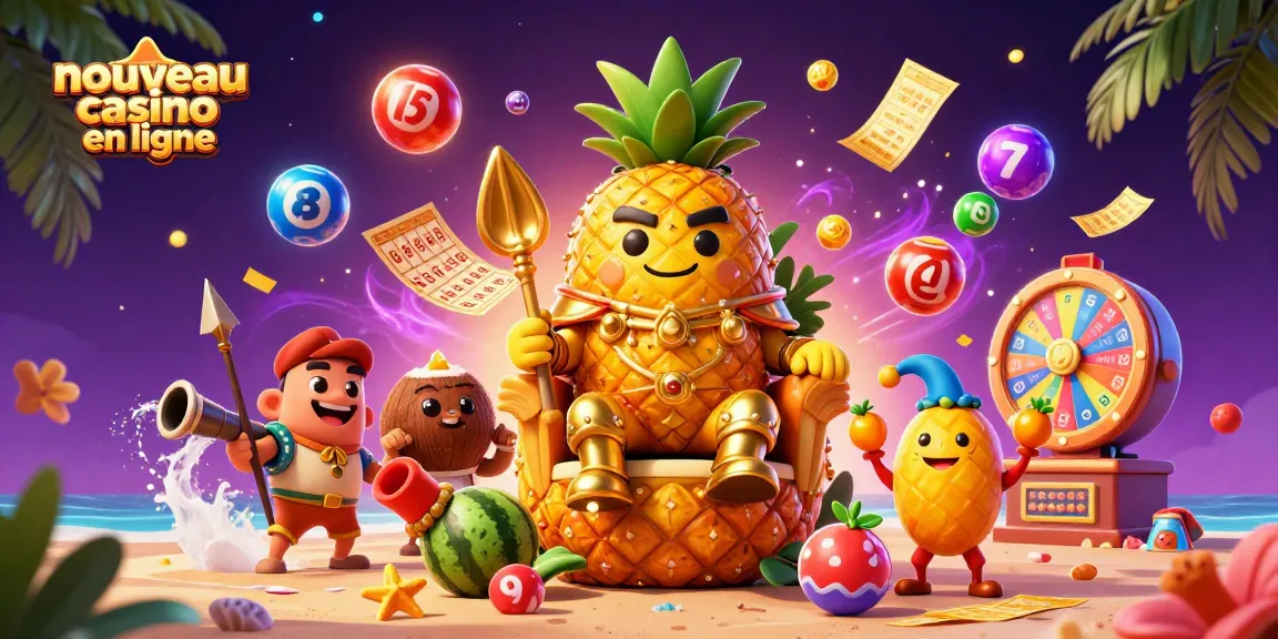 Illustration d'un nouveau casino en ligne avec un roi ananas et des éléments dynamiques de jeux d'argent.