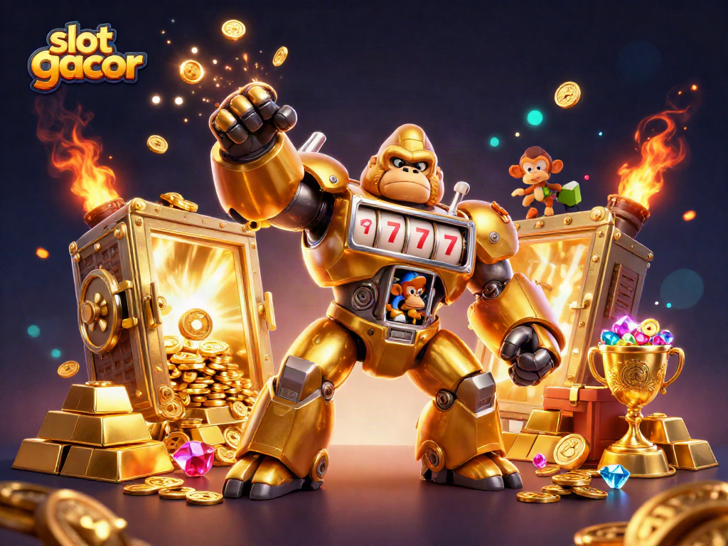 Slot gacor animation showcasing a golden mech bursting with coins and treasures in a dynamic casino scene.
